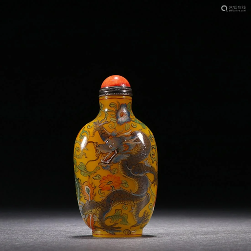 CHINESE PAINTED-ENAMEL YELLOW GLASS SNUF BOTTLE DEPICTING &#...