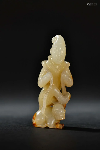 CHINESE ANTIQUE JADE BARBARIAN ON ANIMAL