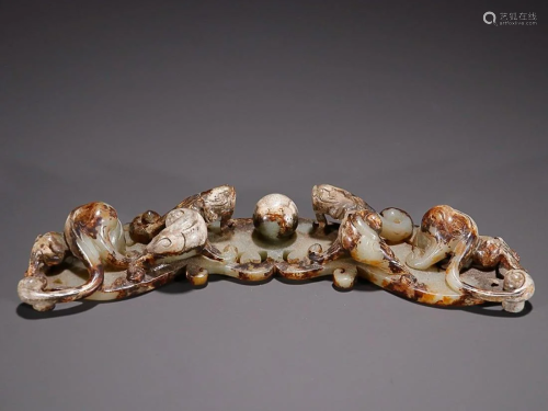 CHINESE ANTIQUE JADE ORNAMENT WITH CARVED 'DRAGON PURSU...