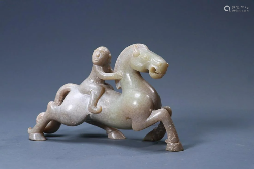 CHINESE ANTIQUE JADE FIGURE RIDING HORSE
