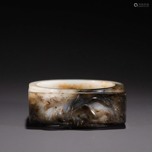 CHINESE ANTIQUE JADE CONG WITH CARVED 'BEAST'