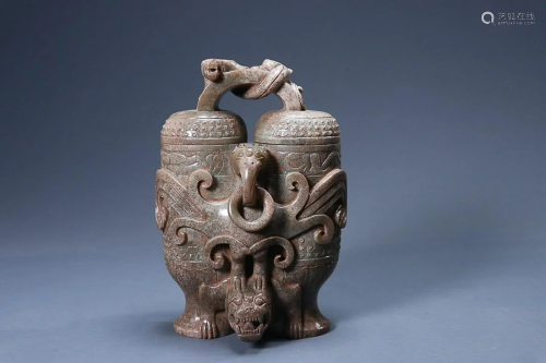 CHINESE ANTIQUE JADE VASE WITH CARVED 'DRAGON AND PHOEN...