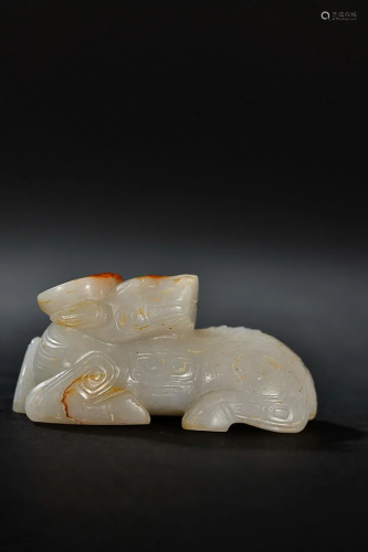 CHINESE HETIAN JADE HANDPIECE WITH CARVED 'OX'