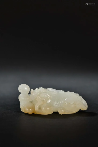 CHINESE HETIAN JADE HANDPIECE WITH CARVED 'BOY AND AUSP...