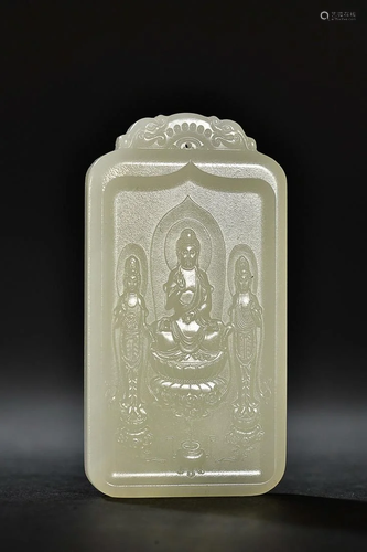 CHINESE HETIAN JADE PLAQUE WITH CARVED 'TRIKALA BUDDHAS...