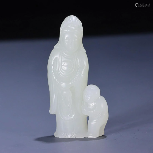 CHINESE HETAIN JADE FIGURE OF GUANYIN AND BOY