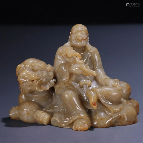 CHINESE HETIAN JADE FIGURE OF ARHAT AND LION