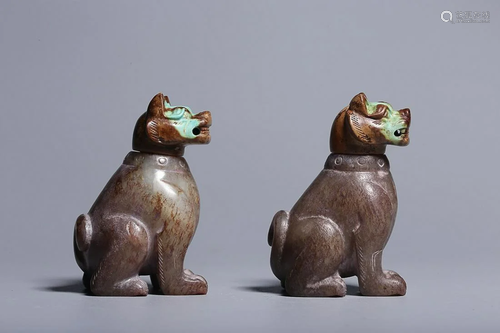 TWO CHINESE TURQUOISE-INLAID HETIAN JADE STONE DOGS