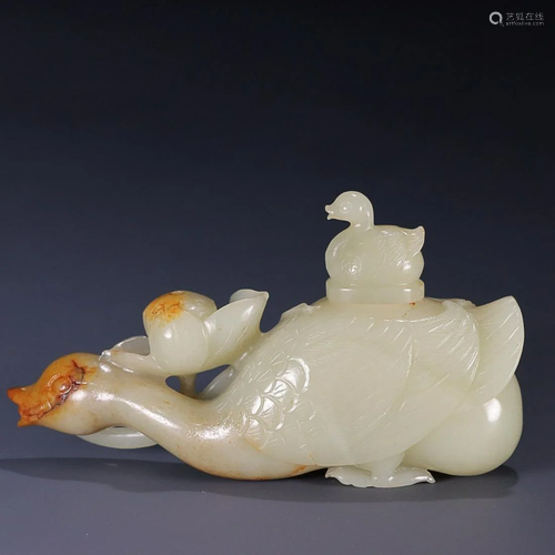 CHINESE HETIAN JADE GOOSE AND LOTUS