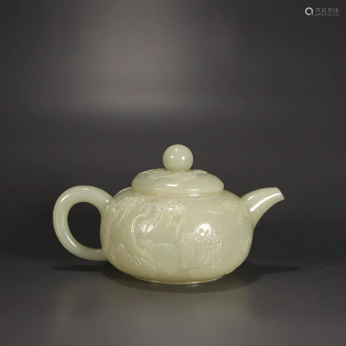 CHINESE HETIAN JADE TEAPOT WITH CARVED 'FIGURE IN A LAN...