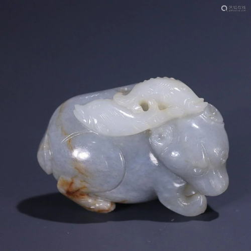 CHINESE HETIAN BLUE-AND-WHITE JADE HANDPIECE WITH CARVED &#x...