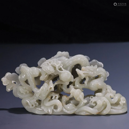 CHINESE HETIAN BLUE-AND-WHITE JADE ORNAMENT WITH 'DRAGO...