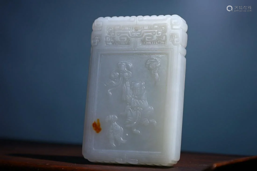 CHINESE HETIAN WHITE JADE PLAQUE WITH CARVED 'FIGURE ST...