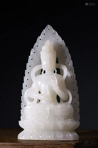 CHINESE HETIAN WHITE JADE FIGURE OF GUANYIN