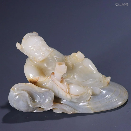 CHINESE HETIAN BLUE-AND-WHITE JADE FIGURE OF ZHONGKUI