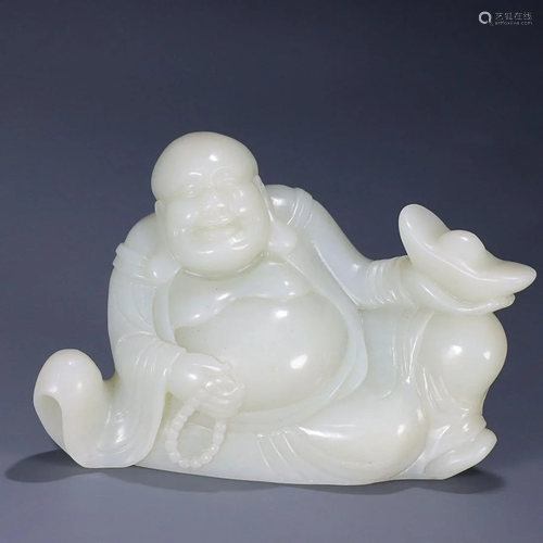 CHINESE HETIAN WHITE JADE FIGURE OF MAITREYA