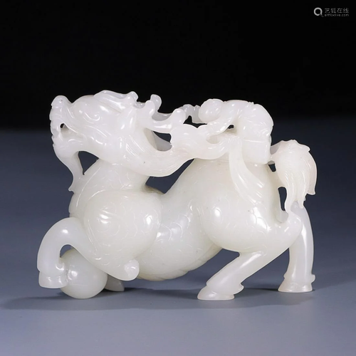 CHINESE HETIAN WHITE JADE QILIN WITH BOY