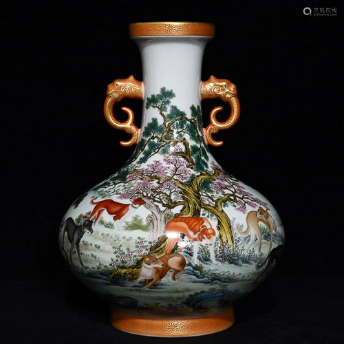 CHINESE FAMILLE-ROSE ELEPHANT-HANDLED VASE DEPICTING 'D...