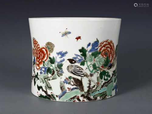 CHINESE SANCAI BRUSHPOT DEPICTING 'BIRD AND FLOWER'...