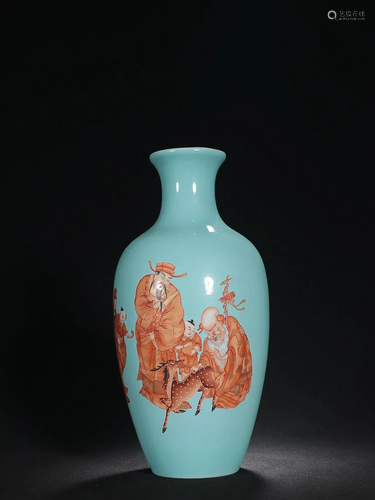 CHINESE SKY-BLUE-GROUND IRON-RED ENAMELED VASE DEPICTING &#x...