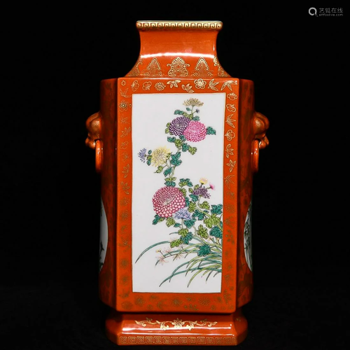 CHINESE GILDED ON CORAL-GLAZED FAMILLE-ROSE VASE DEPICTING &...