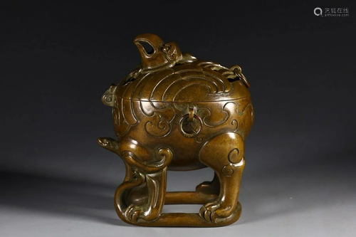 CHINESE BRONZE BEAST-FORM INCENSE BURNER