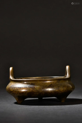 CHINESE BRONZE HANDLED CENSER, 'QING KANGXI' MARK