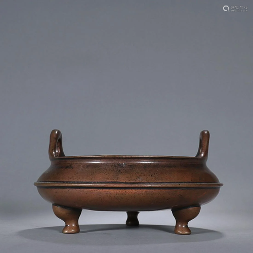 CHINESE BRONZE HANDLED CENSER ON THREE-LEGS, 'CONG ZHEN...