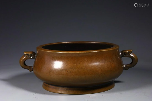 CHINESE BRONZE TWO-HANDLED CENSER, 'XUANDE' MARK