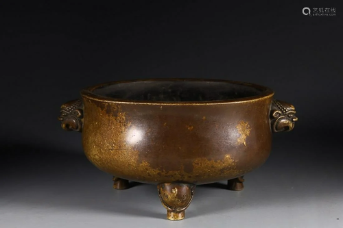 CHINESE BRONZE HANDLED CENSER ON THREE-LEGS, 'WU BANG Z...