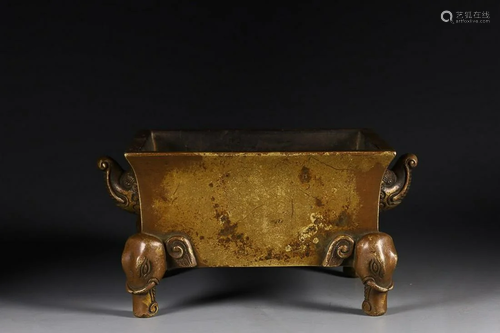 CHINESE BRONZE ELEPHANT-HANDLED CENSER ON FOUR ELEPHANT-LEGS...