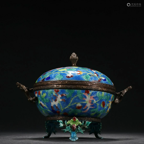 CHINESE BLUE ENAMEL BRONZE COVERED CENSER DEPICTING 'FL...