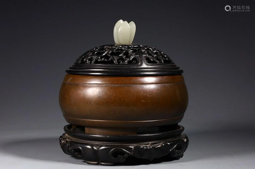 CHINESE BRONZE CENSER WITH HETIAN JADE KNOB