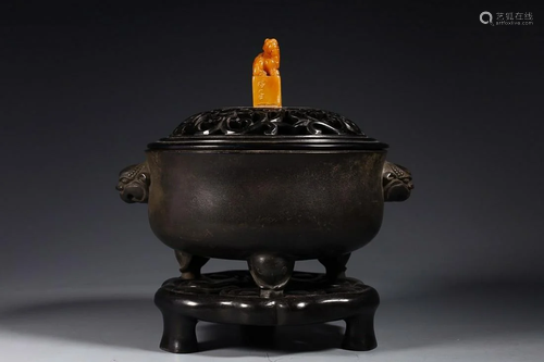 CHINESE BRONZE TWO-HANDLED CENSER ON THREE LEGS, 'XUAND...