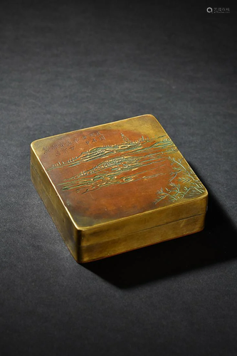 CHINESE BRONZE INK TRAY WITH EMBOSSED 'LANDSCAPE'