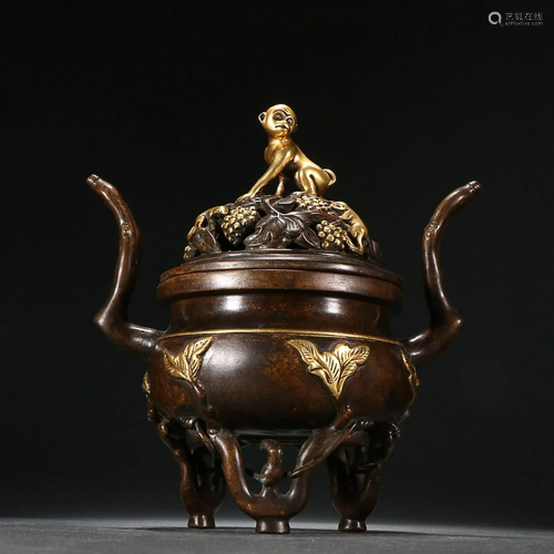 CHINESE PARCEL-GILT-BRONZE CENSER WITH 'MONKEY' KN...