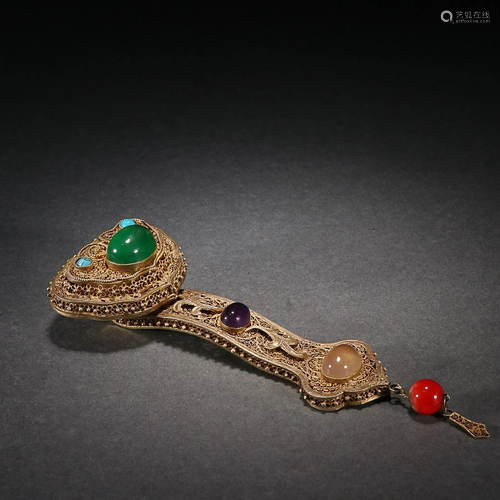 CHINESE MIXED GEMSTONES-EMBELLISHED GILT-BRONZE FILIGREE RUY...