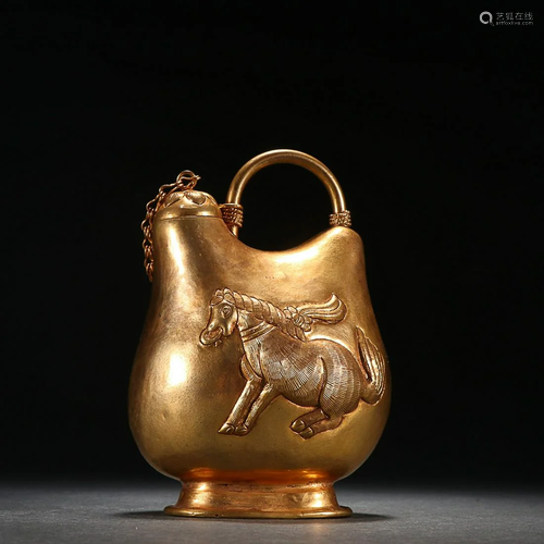 CHINESE GILT-BRONZE LOOP-HANDLED EWER CAST WITH 'HORSE&...