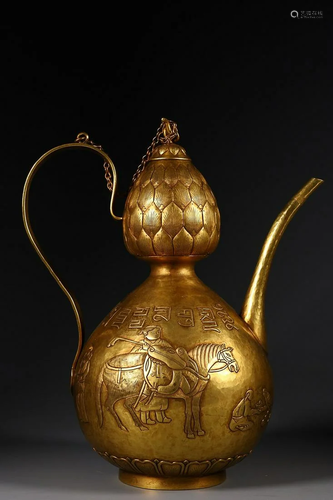 CHINESE GILT-BRONZE DOUBLE-GOURD-FORM EWER CAST WITH 'F...