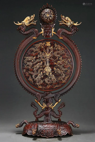 CHINESE PARCEL-GILT-BRONZE ROTATING PANEL SCREEN CAST WITH &...