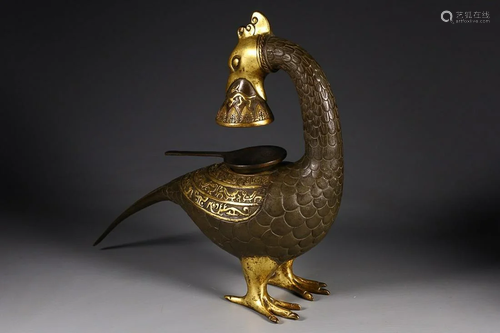 CHINESE PARCEL-GILT-BRONZE PHOENIX-FORM OIL LAMP