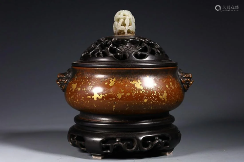 CHINESE GOLD-SPLASHED BRONZE LION-HANDLED CENSER, 'MING...