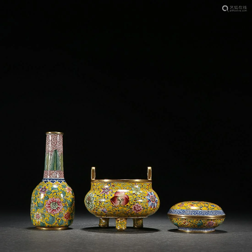 CHINESE CANTON ENAMEL CENSER, BOX AND VASE DEPICTING 'F...