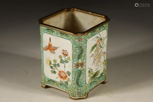 CHINESE CANTON ENAMEL BRUSHPOT DEPICTING 'LOTUS POND&#x...