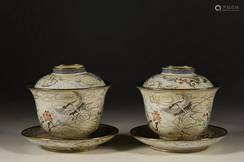 TWO CHINESE CANTON ENAMEL COVERED BOWLS DEPICTING 'CRAN...