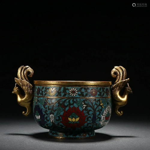 CHINESE CLOISONNE ENAMEL PHOENIX-HANDLED CENSER DEPICTING &#...