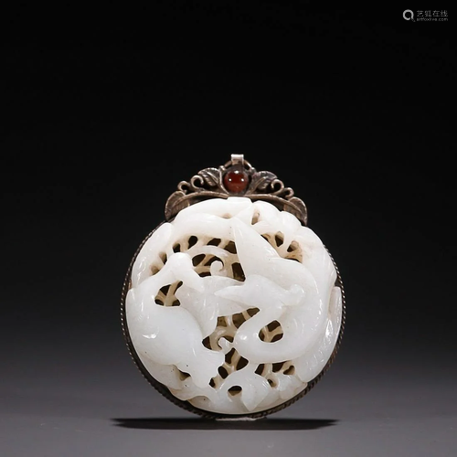 CHINESE HETIAN JADE-EMBELLISHED SILVER PENDANT WITH CARVED &...