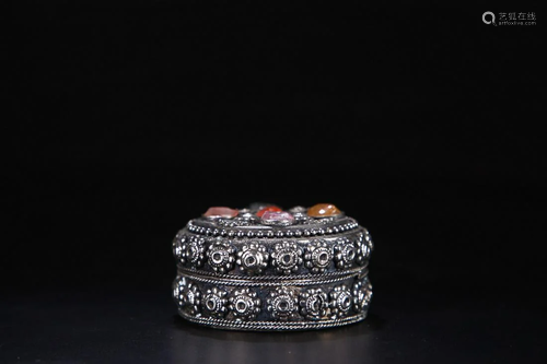 CHINESE MIXED GEMSTONES-EMBELLISHED SILVER BOX