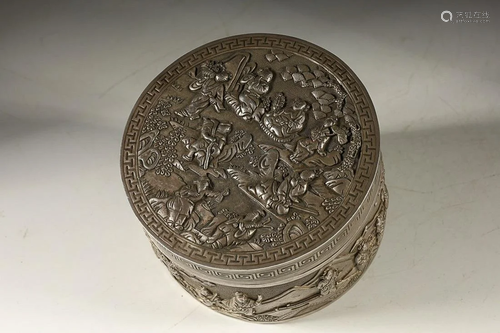 CHINESE SILVER COVERED BOX WITH EMBOSSED 'FIGURE STORY&...