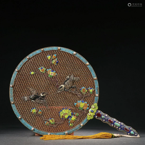 CHINESE BLUE ENAMEL GILT-SILVER FAN DEPICTING 'BIRD AND...